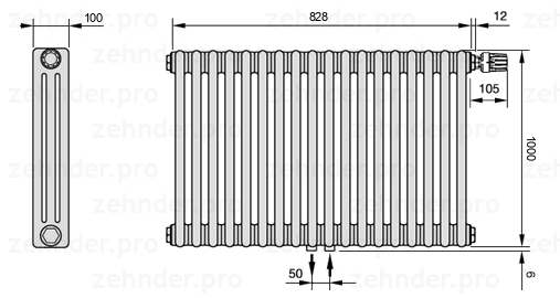 Схема (чертеж) Радиатор Zehnder Charleston 3100/18 №V008 Белый глянцевый RAL 9016